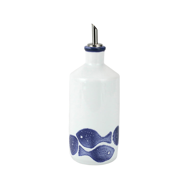 Fish olive oil cruet bottle with white ceramic body, blue fish design, metal pour spout