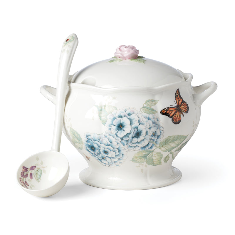 Lenox porcelain soup tureen with lid and ladle, white with blue hydrangea floral and butterfly