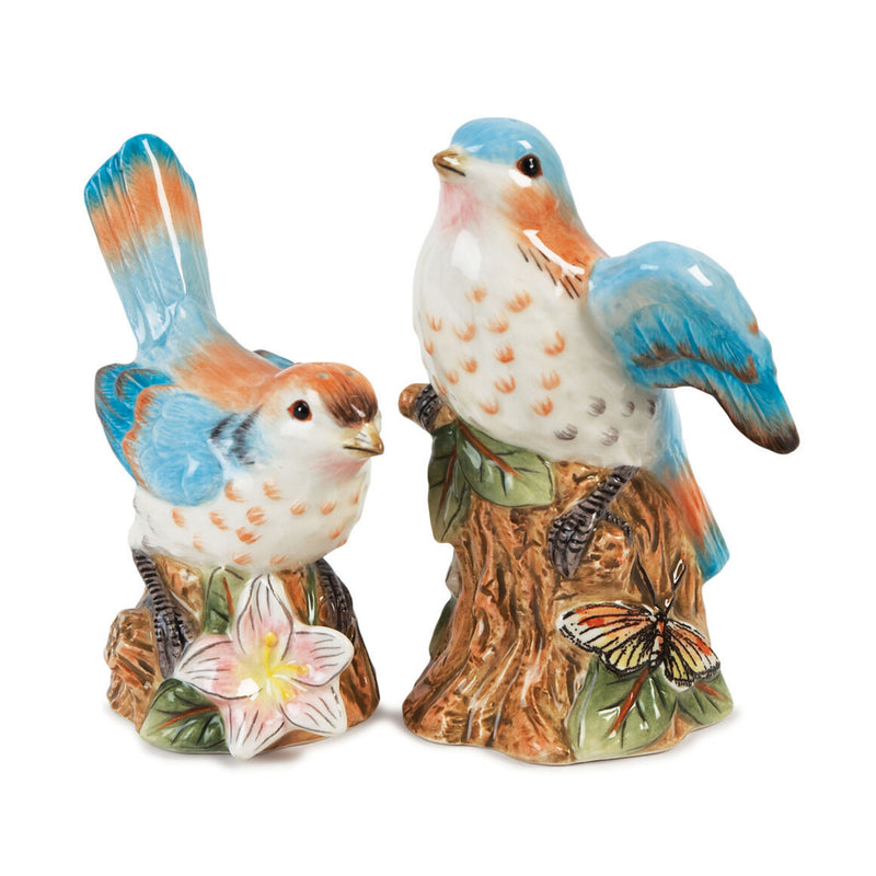 Bird-shaped salt and pepper shaker set, blue and white with floral base