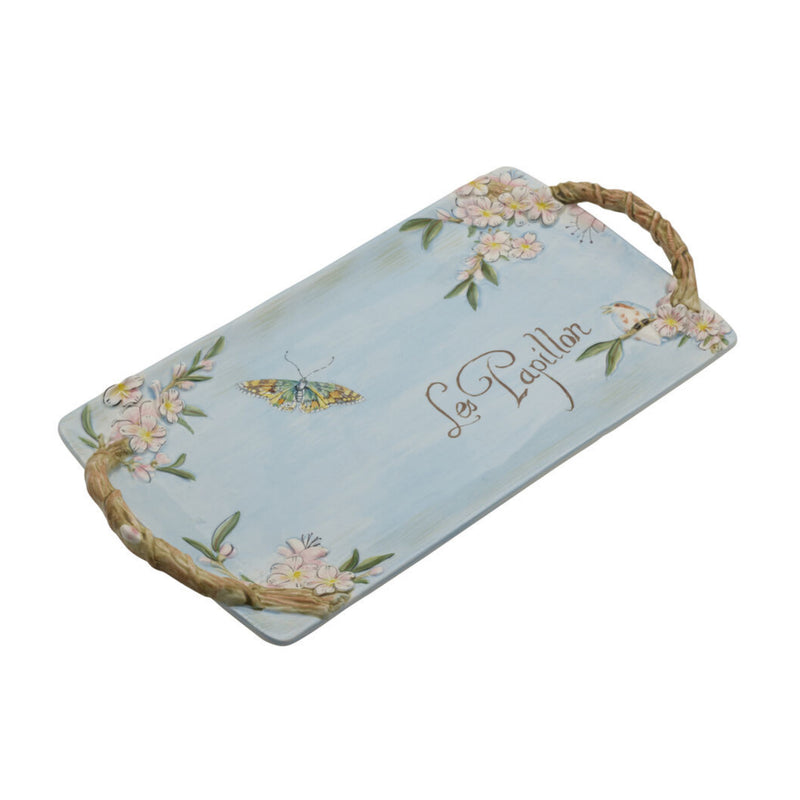 Fitz and Floyd Toulouse serving tray in pale blue with floral print, rope handles