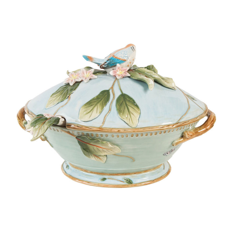 Light blue floral ceramic tureen with lid and decorative ladle, gold trim