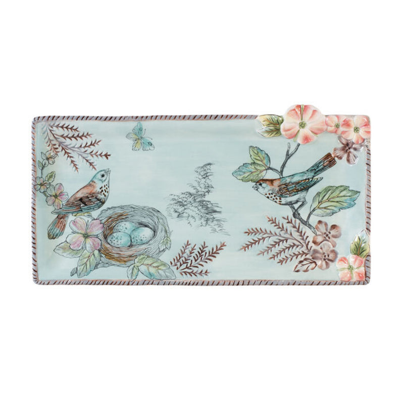 Elongated decorative tray with pastel bird and floral garden motif, rectangular shape