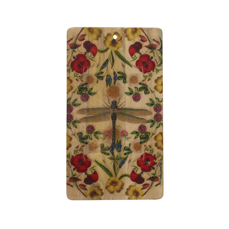 Wooden serving board with colorful floral and dragonfly print, hanging hole at top