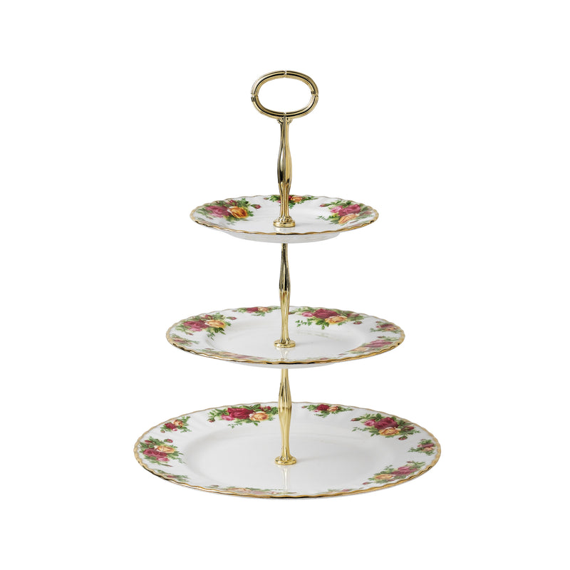 Royal Albert Old Country Roses 3-tier cake stand with three floral plates and gold posts