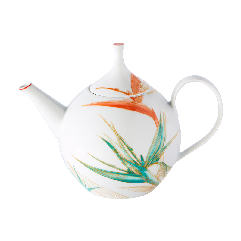 Vista Alegre Fiji ceramic teapot, white with orange and blue leaf pattern