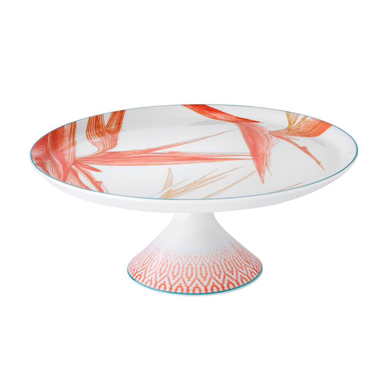 Vista Alegre Fiji large footed cake stand, white with orange leaf pattern and round top