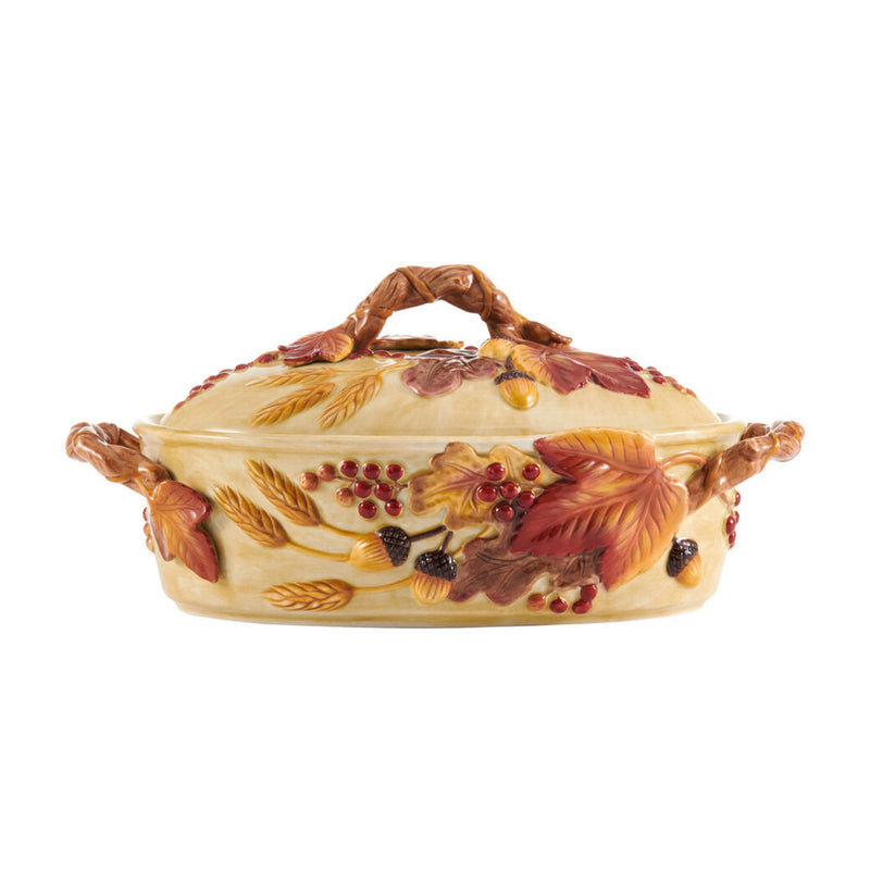 Fitz and Floyd covered vegetable bowl with harvest leaf and berry design, cream glaze
