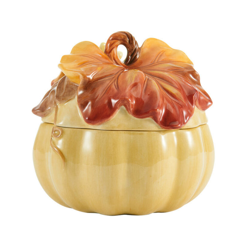 Lidded soup bowl with leaf-shaped lid in cream and warm brown
