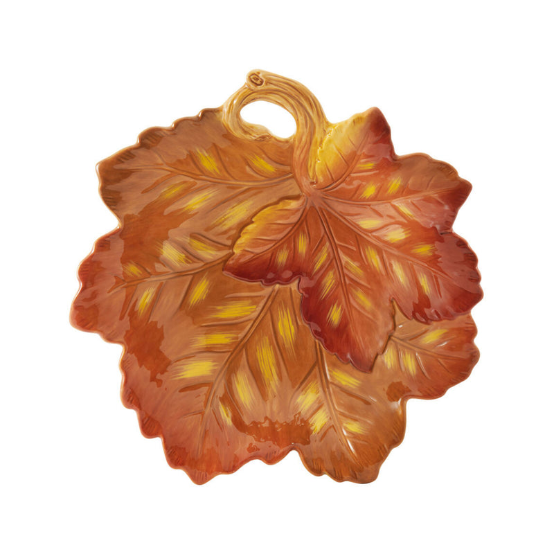 Fitz and Floyd Harvest leaf-shaped ceramic bowl with loop handle, orange and gold glaze