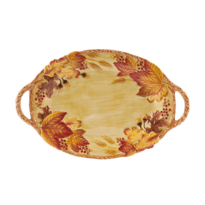 Fitz and Floyd Harvest oval platter with autumn leaf pattern and side handles