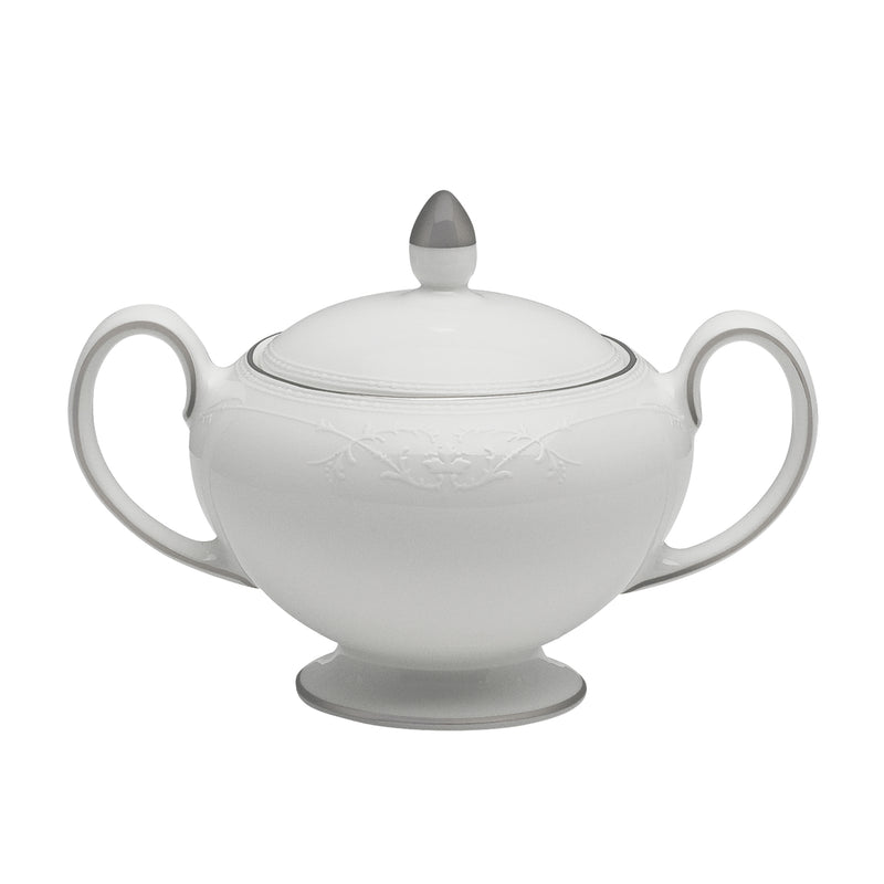 Wedgwood English Lace sugar bowl with lid, white porcelain, arched handles, embossed detail