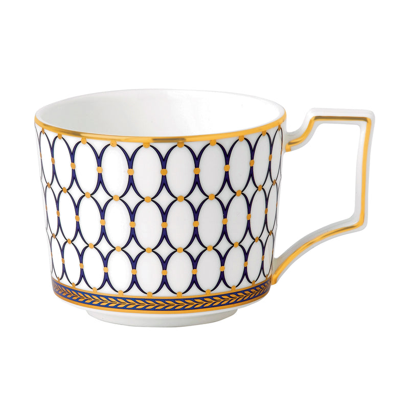 Wedgwood Renaissance Gold teacup with blue geometric pattern and gold trim, white body.