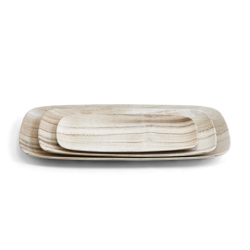 Three faux oak rectangular trays with light wood grain, stacked