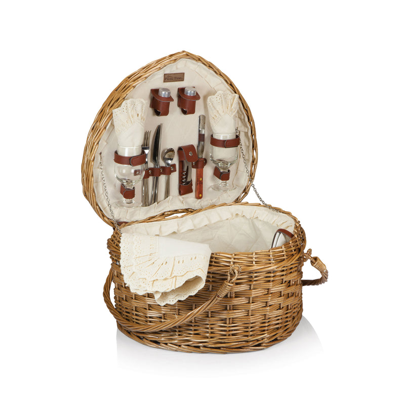 Heart-shaped picnic basket for 2 with open lid, cups, and cutlery set
