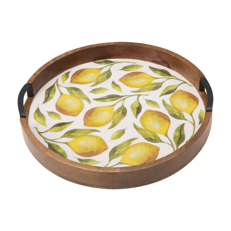 Mango wood lazy susan tray with lemon print and two dark side handles