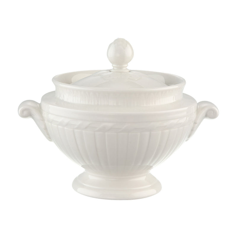White porcelain covered sugar bowl with domed lid and side handles