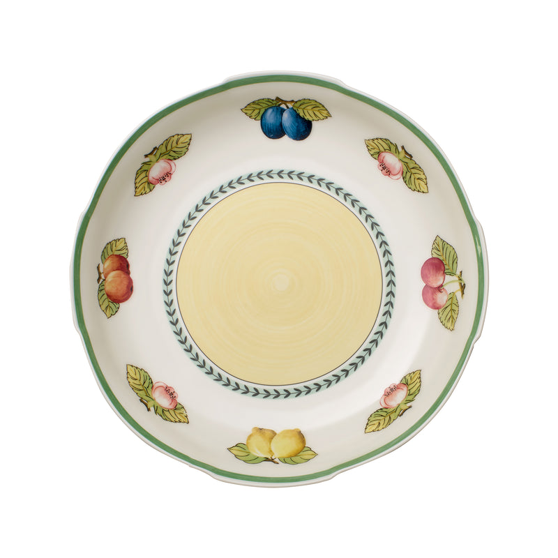Porcelain pasta serving bowl with green rim and French Garden floral fruit pattern