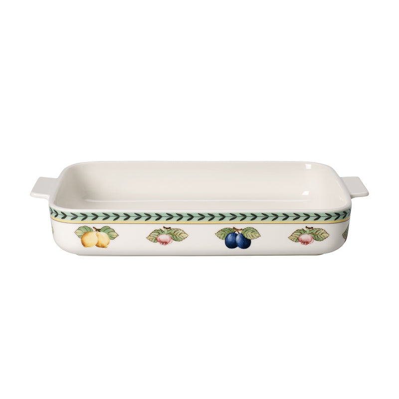 Porcelain large rectangular baking dish, white with green chevron and fruit floral border, handles
