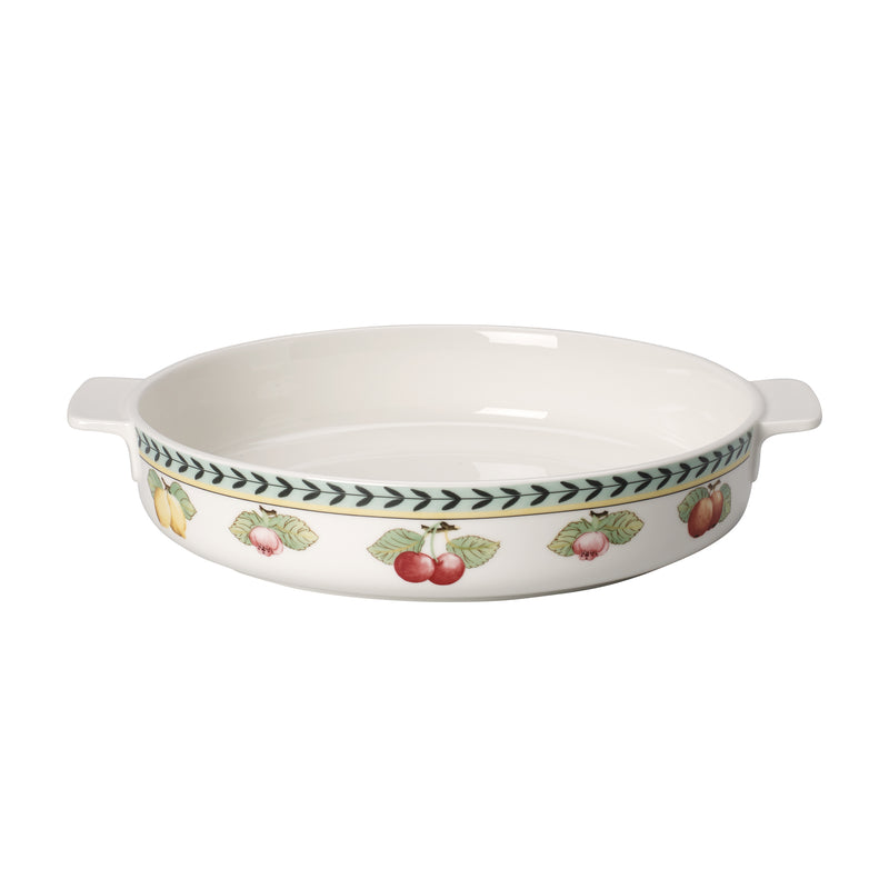 Porcelain large round baking dish with lid, fruit and leaf border, side handles