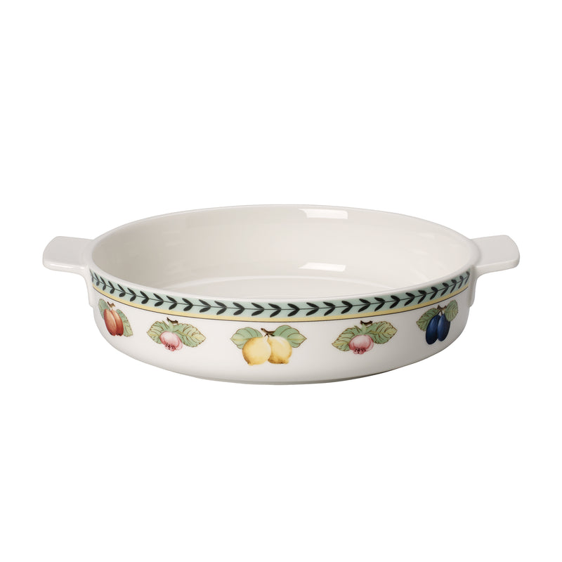 White porcelain covered round baking dish with handles, botanical fruit pattern