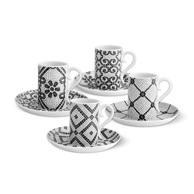Set of 4 espresso cups and saucers with black geometric pattern on white porcelain