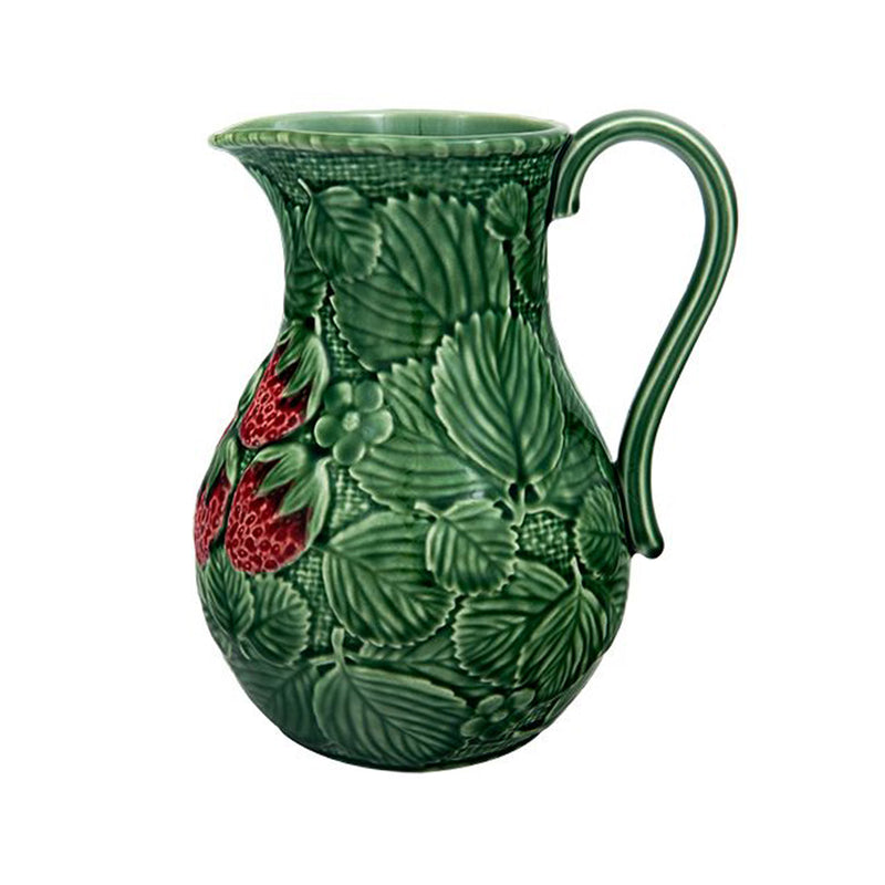 Bordallo Pinheiro ceramic pitcher, green with strawberry and leaf relief, curved handle