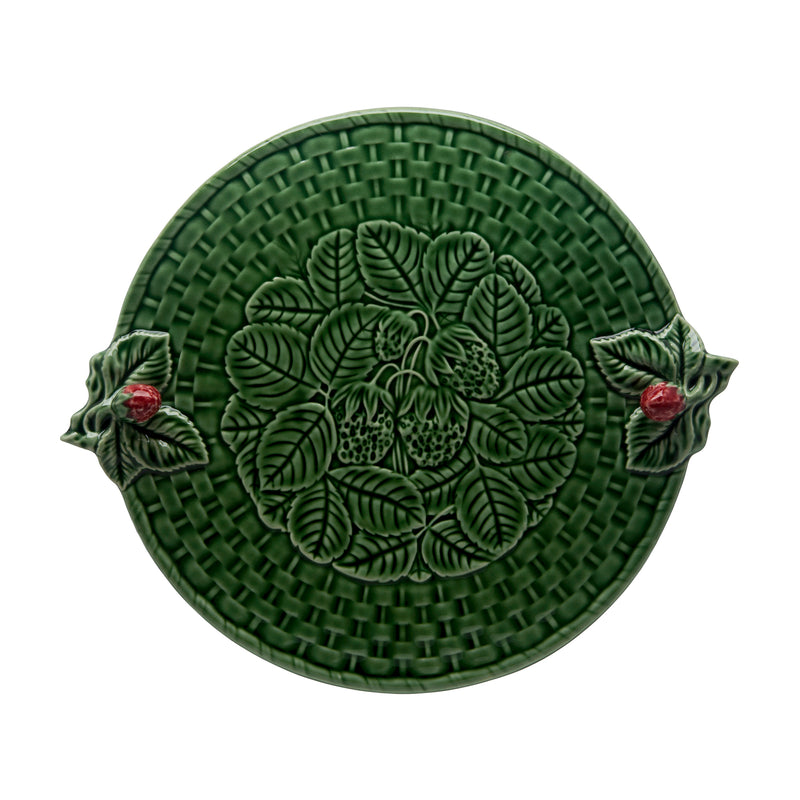 Bordallo Pinheiro strawberry cheese tray, green woven dish with leaf and strawberry relief