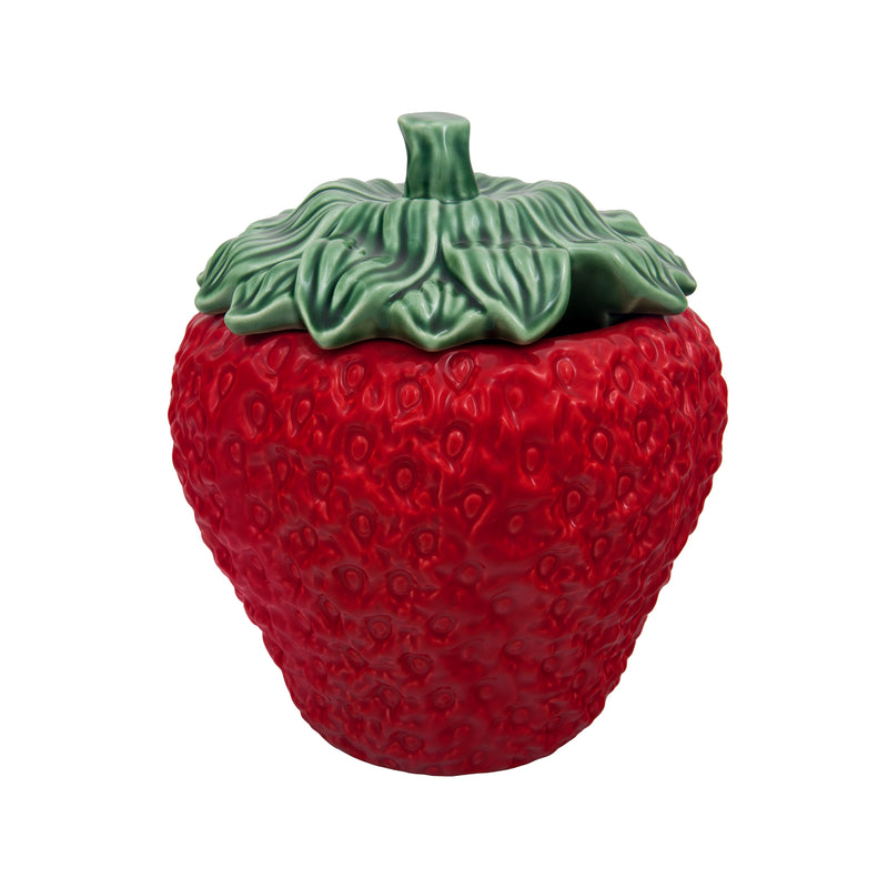 Bordallo Pinheiro strawberry-shaped tureen, red ceramic with green leaf lid