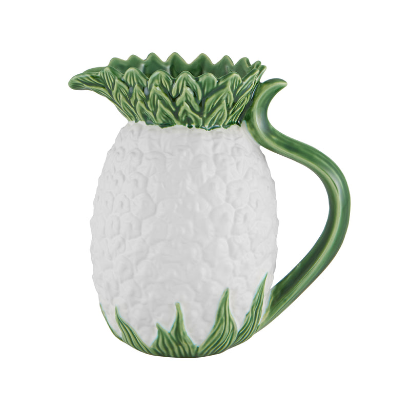 Bordallo Pinheiro pineapple pitcher, white ceramic with green leaf handle and spout