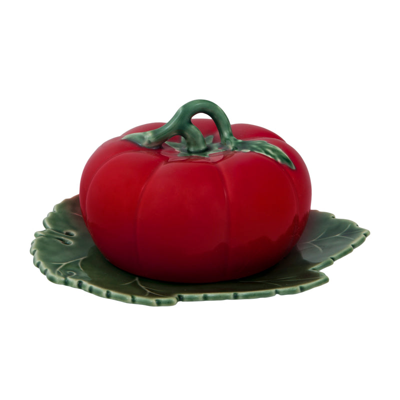 Bordallo Pinheiro tomato-shaped ceramic butter dish with green leaf base and lid