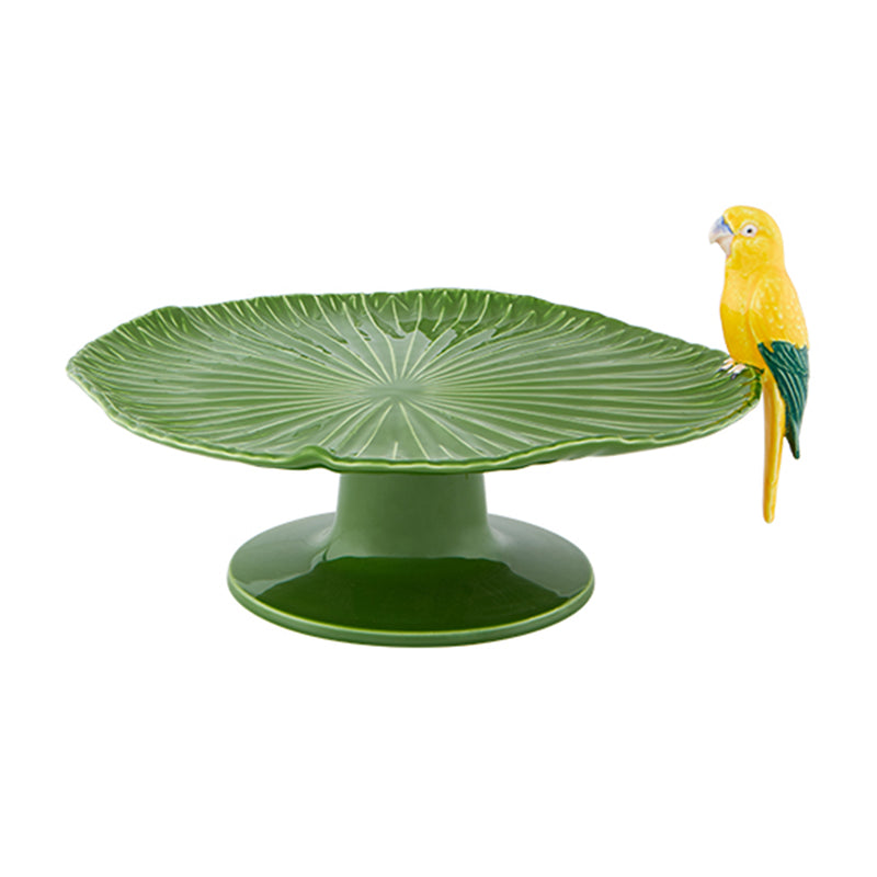 Bordallo Pinheiro Amazonia cake stand with green leaf plate and bird figurine