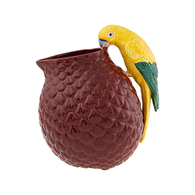 Bordallo Pinheiro ceramic macaw pitcher with brown scaly body and yellow beak spout