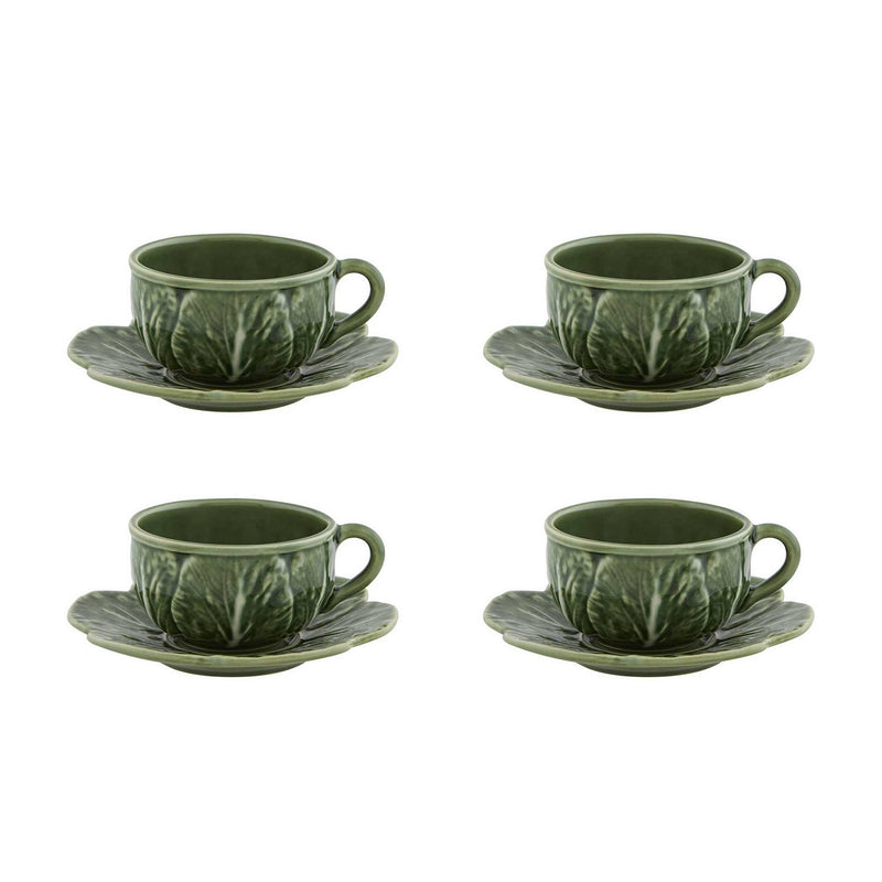 Bordallo Pinheiro cabbage ceramic teacups and saucers set of 4, green cups and saucers