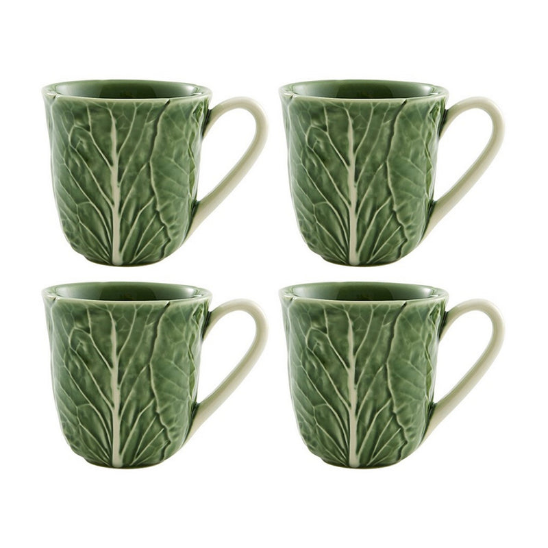 Green cabbage-pattern ceramic mugs, set of 4 with handles