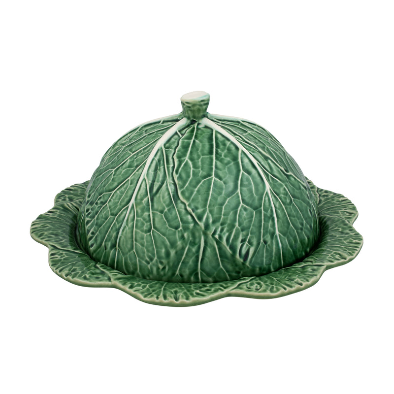 Bordallo Pinheiro cabbage serving tray with lid, green ceramic leaf-texture