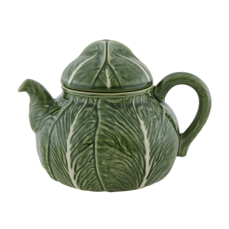 Bordallo Pinheiro cabbage teapot in green leaf-patterned ceramic with lid, spout, handle.