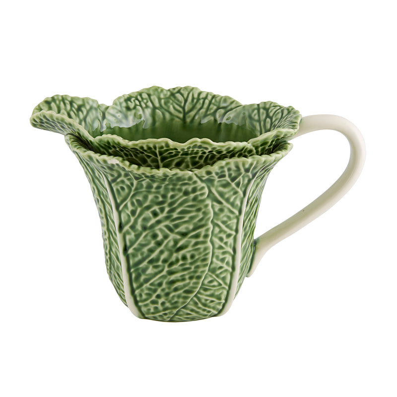 Bordallo Pinheiro cabbage pitcher, green ceramic with textured leaf pattern and curved handle