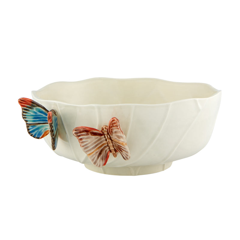 Ceramic salad bowl, off-white with blue and orange butterfly accents on rim