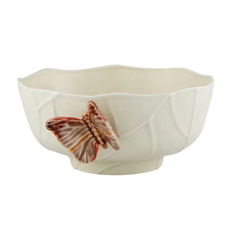 Ceramic bowl with molded wavy rim and brown orange butterfly decoration