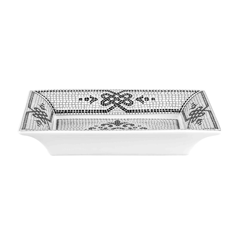 Vista Alegre rectangular tray with black and white mosaic pattern, raised rim