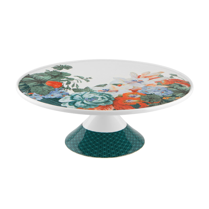 Floral cake stand with white base and teal speckled pedestal, round top with multicolor flowers