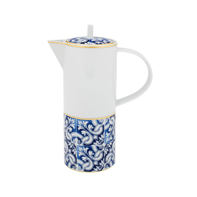 Vista Alegre Transatlantica coffee pot, white ceramic with blue decorative band and lid