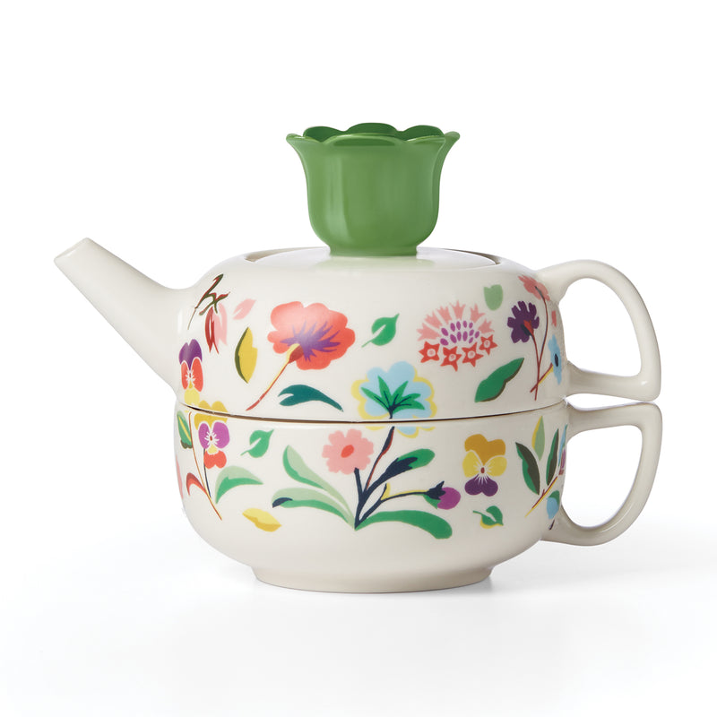 Kate Spade New York floral tea for one teapot set, white ceramic with multicolor blooms and green lid
