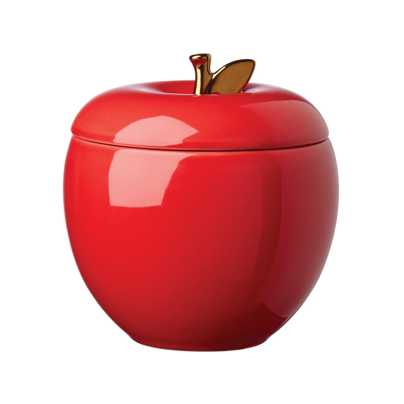 Kate Spade New York glossy red apple cookie jar with raised lid stem and leaf