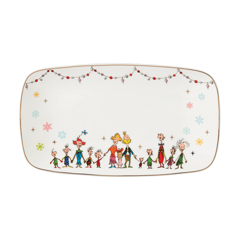 Lenox Merry Grinchmas tray, white with gold rim and colorful festive character scene