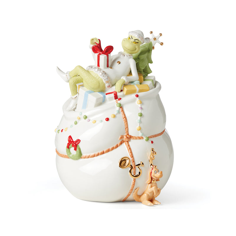 Lenox Merry Grinchmas cookie jar with white ceramic character and candy cane details