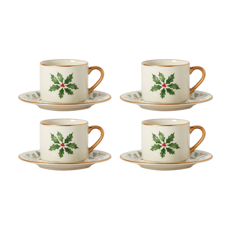 Lenox Holiday set of 4 espresso cups and saucers, white with holly and gold trim