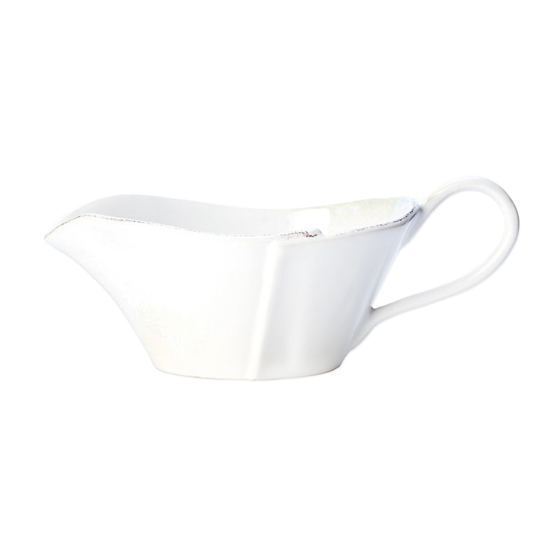 Vietri Lastra white ceramic sauce server with curved spout and side handle