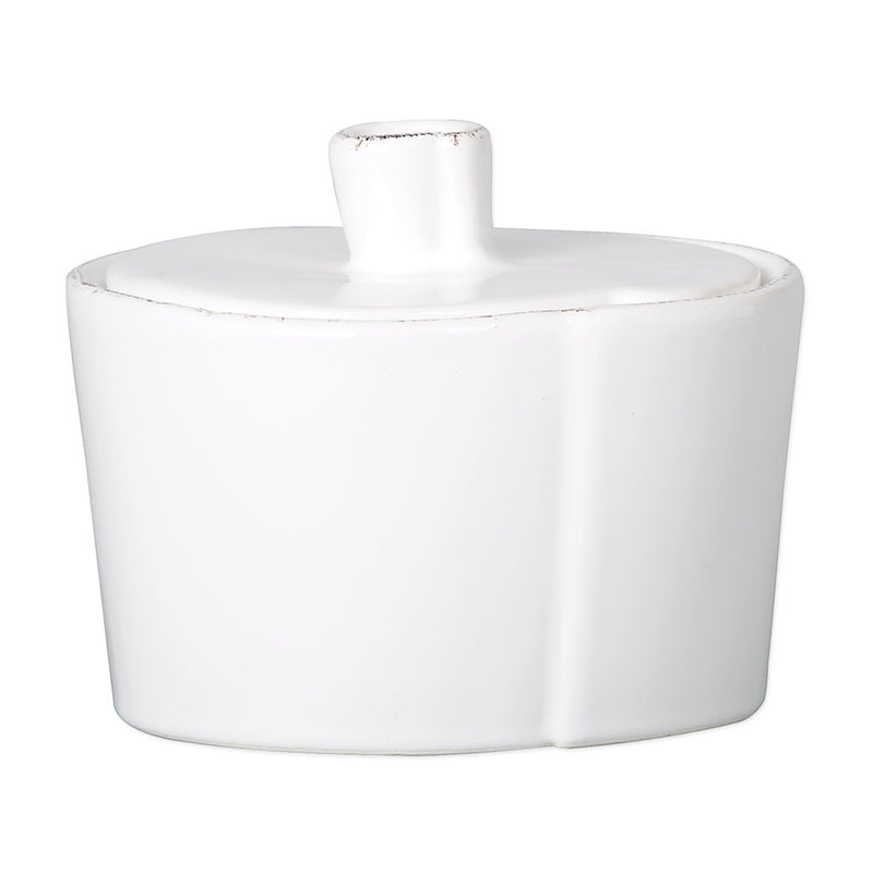 Vietri white ceramic sugar bowl with matching lid and round knob