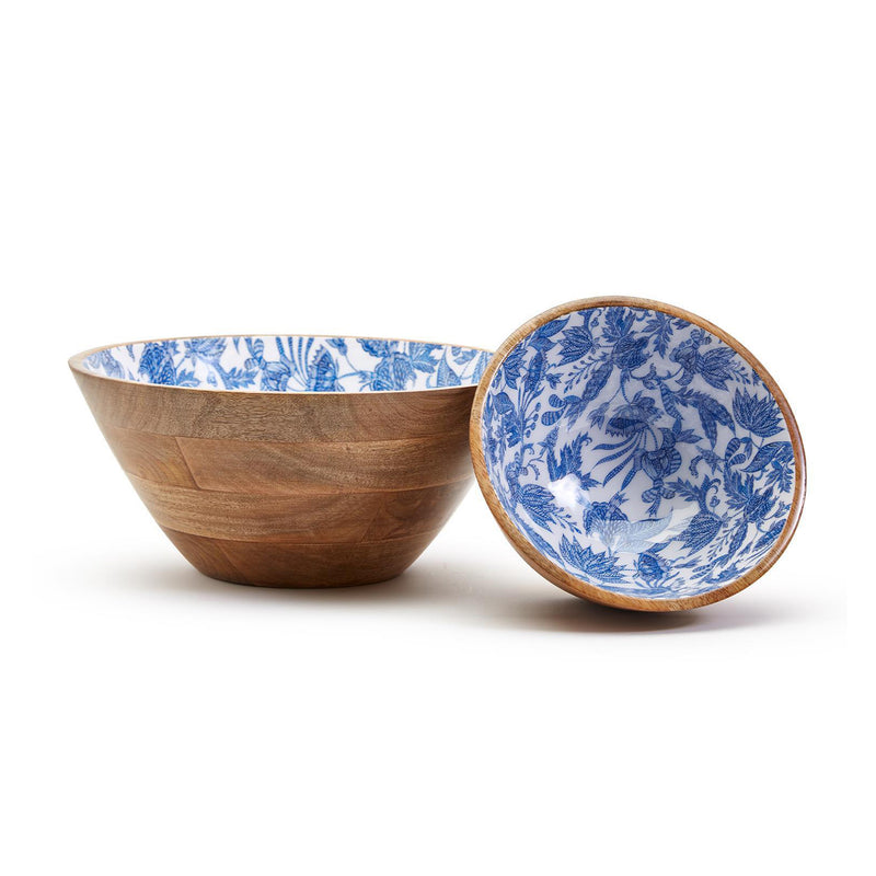 Set of 2 mango wood serving bowls with blue batik floral pattern interiors